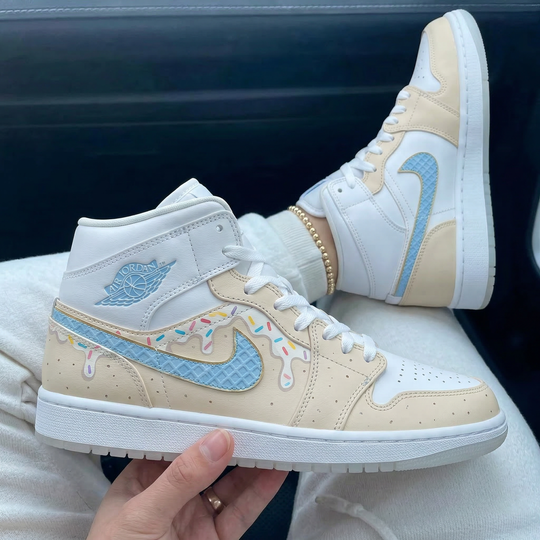 Custom Air Jordan 1 Cream Baby Blue Ice Cream Drip Sprinkles Waffle Swoosh