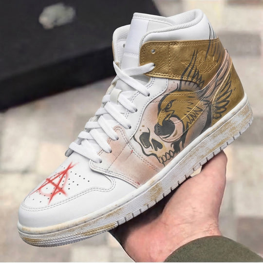 Custom Air Jordan 1 Gold Skull Eagle Anarchy Symbol