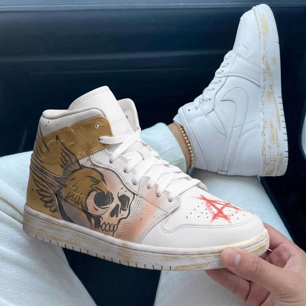 Custom Air Jordan 1 Gold Skull Eagle Anarchy Symbol