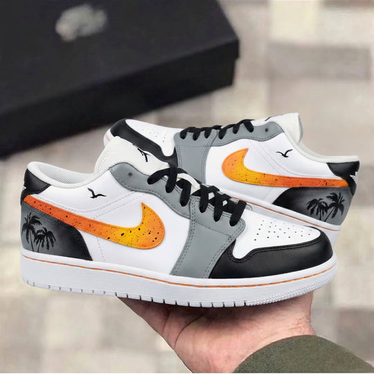 Custom Air Jordan 1 Gray Black Orange Palm Trees Seagulls