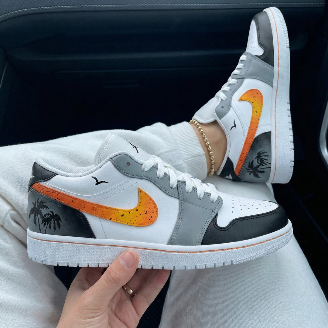 Custom Air Jordan 1 Gray Black Orange Palm Trees Seagulls