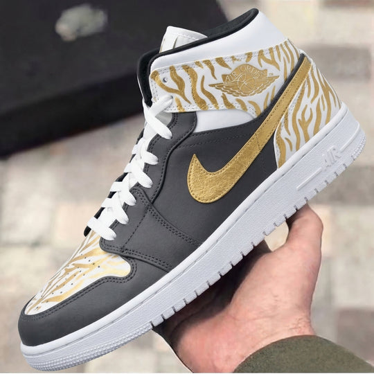 Custom Air Jordan 1 Gray Gold Tiger Stripes