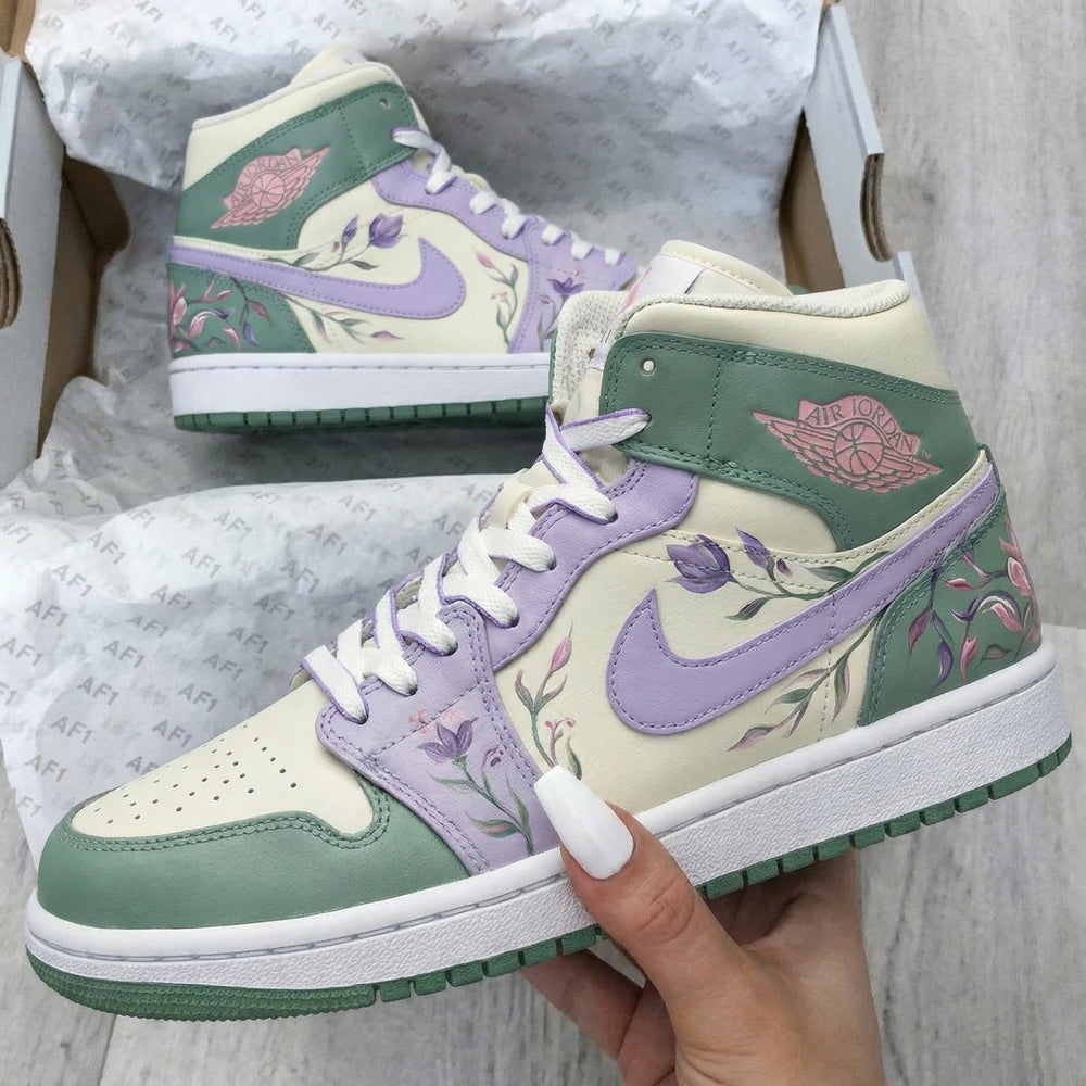 Custom Air Jordan 1 Green Lavender Floral Design