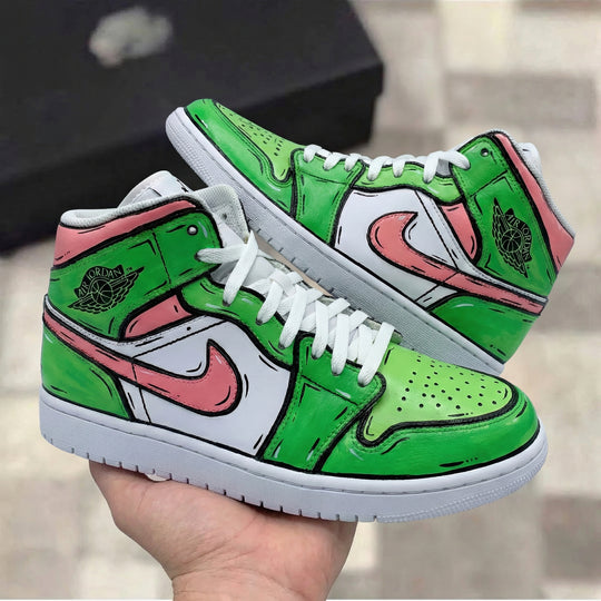 Custom Air Jordan 1 Green Pink Cartoon Style