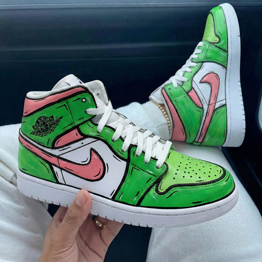 Custom Air Jordan 1 Green Pink Cartoon Style