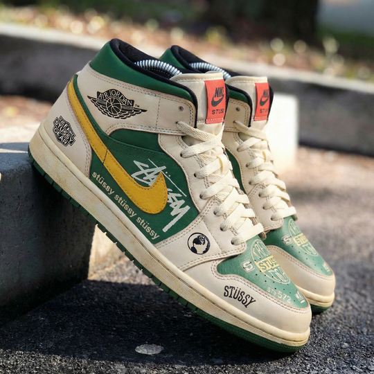 Custom Air Jordan 1 Green Yellow Stussy Design