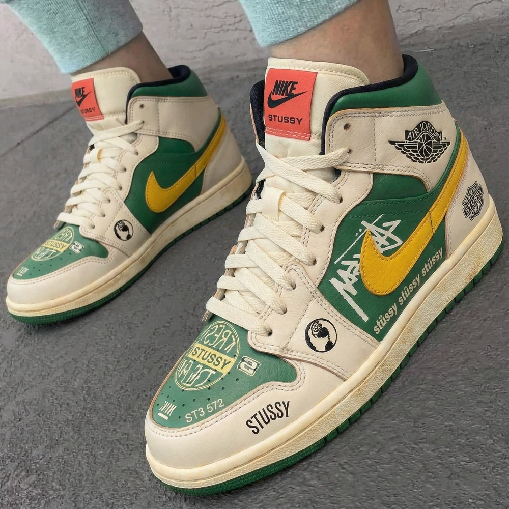 Custom Air Jordan 1 Green Yellow Stussy Design