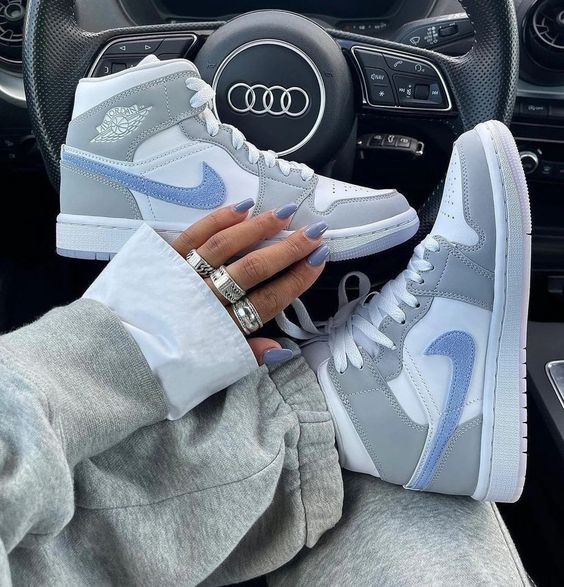 Custom Air Jordan 1 Grey Baby Blue Logo Design