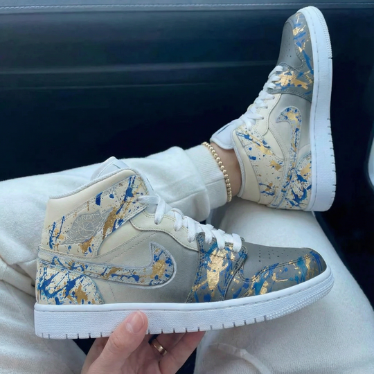 Custom Air Jordan 1 Grey Blue Gold Splatter