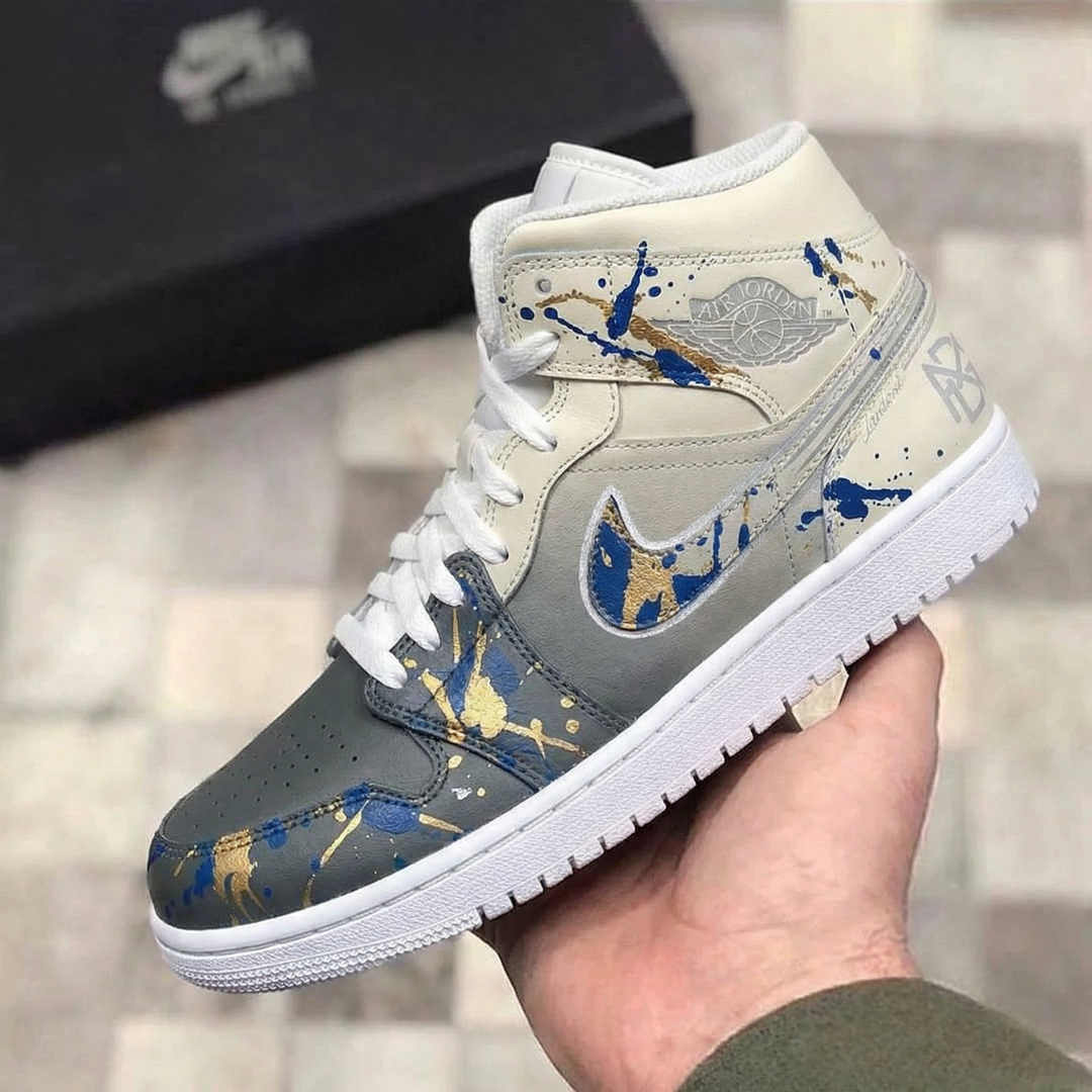 Custom Air Jordan 1 Grey Blue Gold Splatter