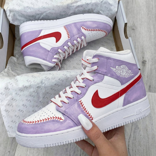 Custom Air Jordan 1 Lilac Red Baseball Stitch Design