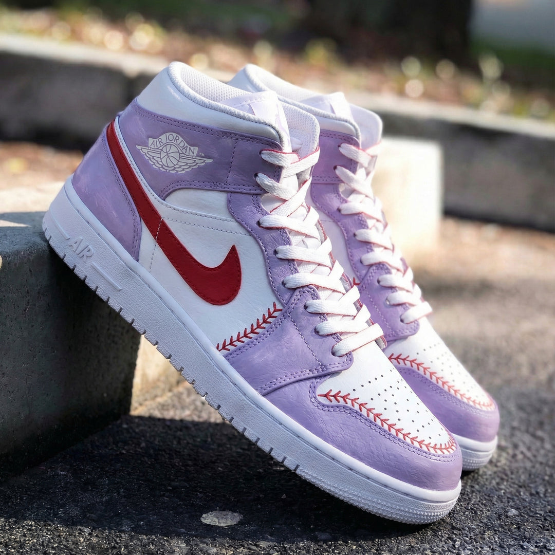 Custom Air Jordan 1 Lilac Red Baseball Stitch Design