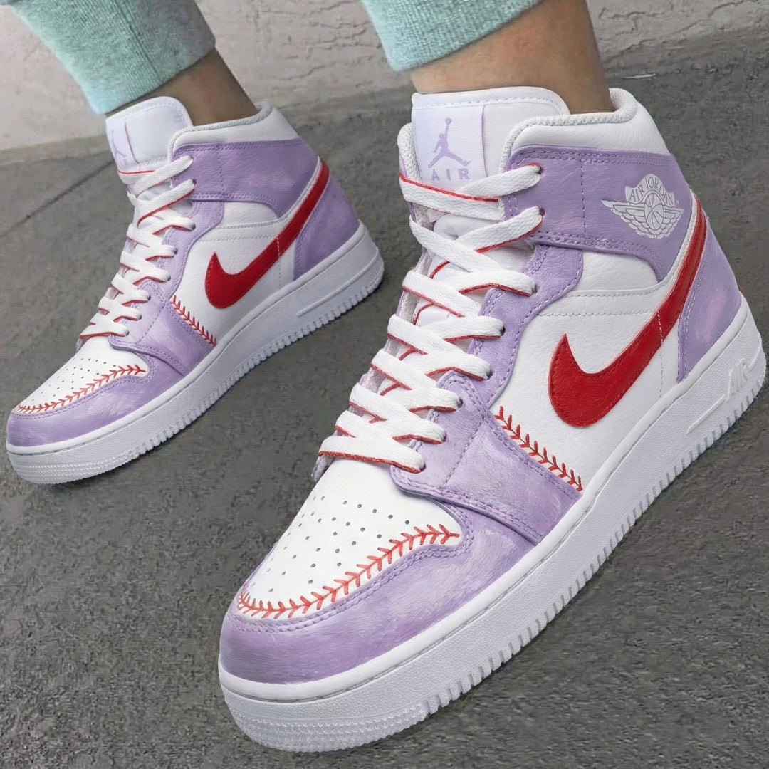 Custom Air Jordan 1 Lilac Red Baseball Stitch Design