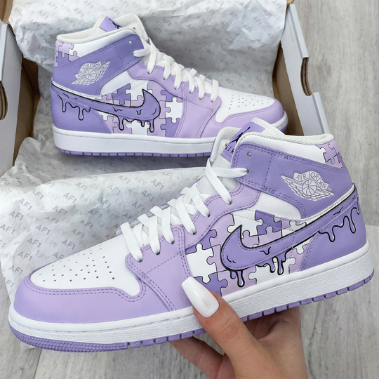 Custom Air Jordan 1 Lilac White Puzzle Design
