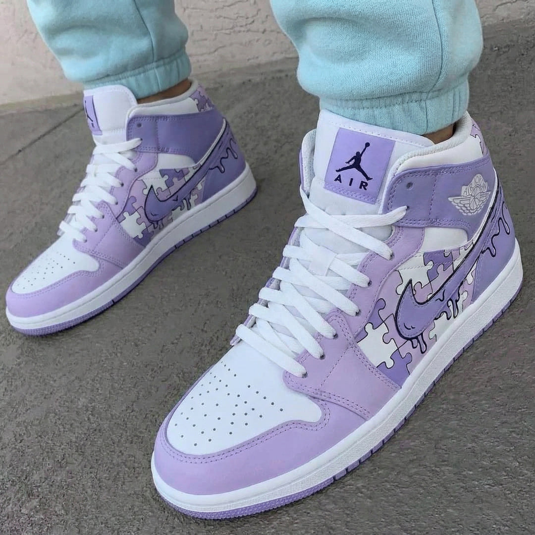 Custom Air Jordan 1 Lilac White Puzzle Design