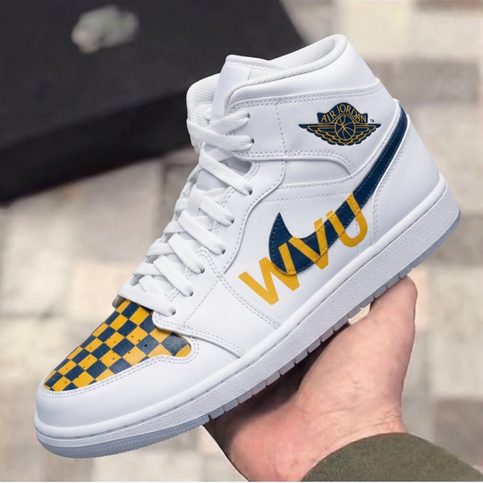 Custom Air Jordan 1 Navy Blue Yellow WVU Logo Checkerboard