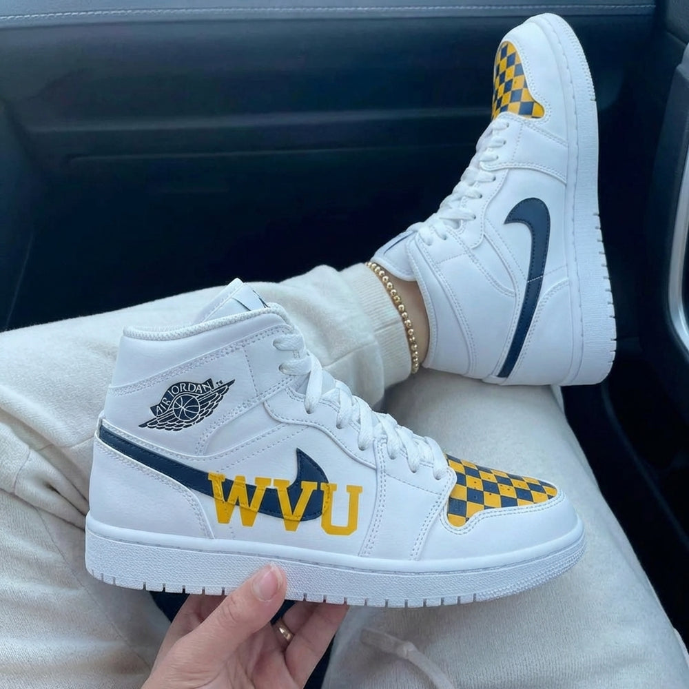 Custom Air Jordan 1 Navy Blue Yellow WVU Logo Checkerboard
