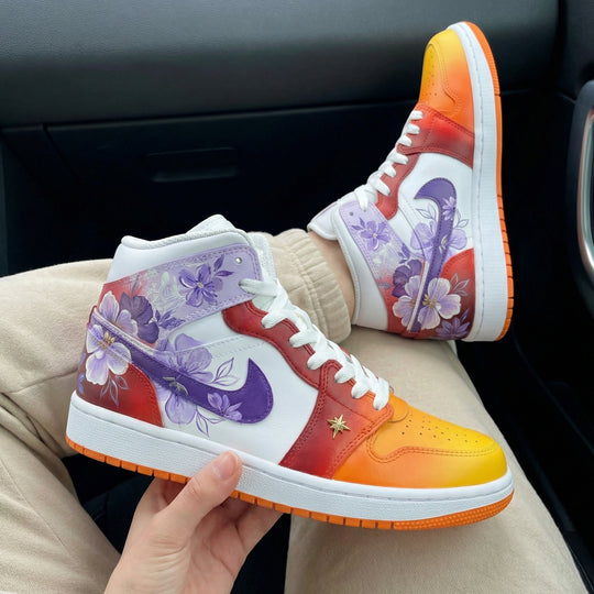 Custom Air Jordan 1 Orange Red with Floral Patterns