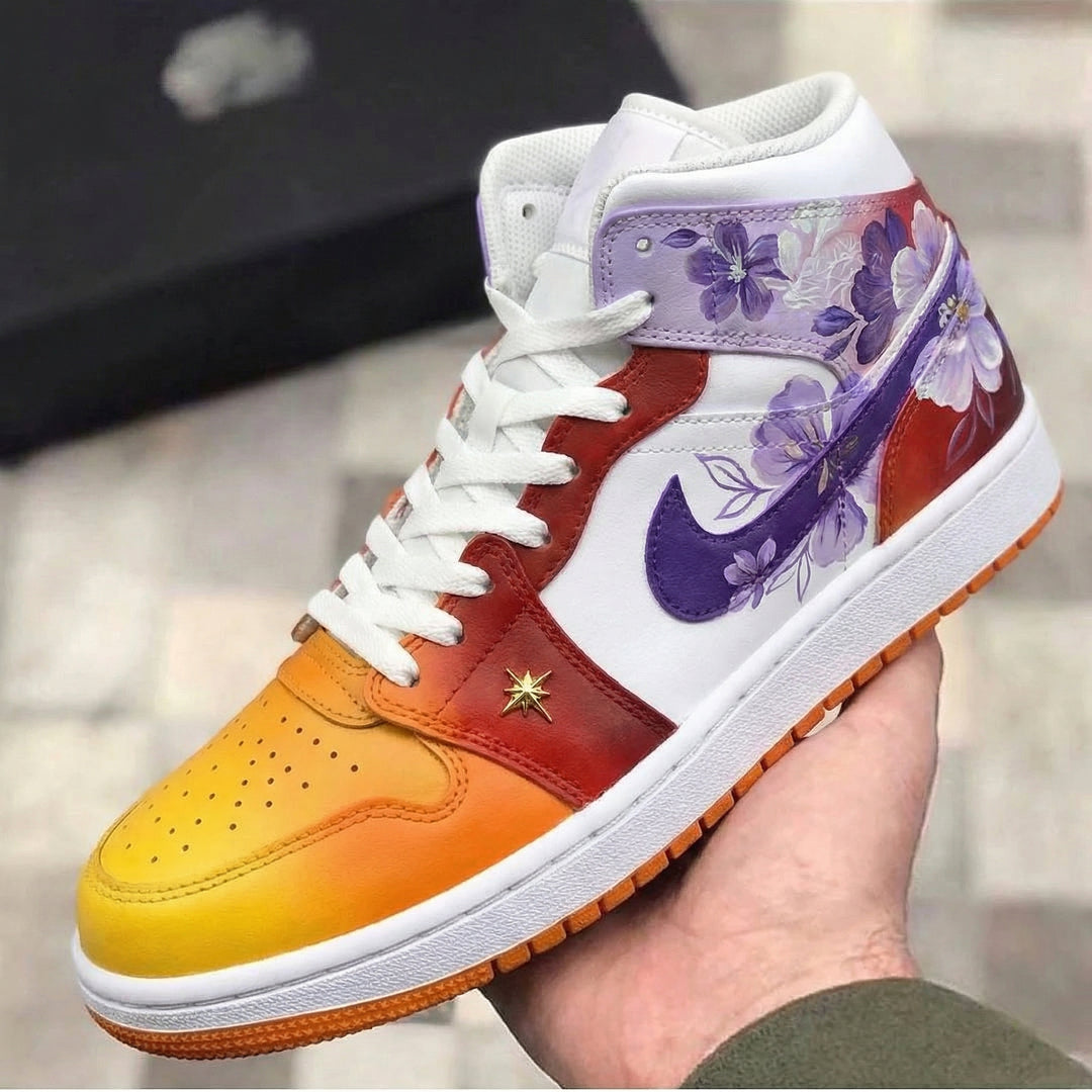 Custom Air Jordan 1 Orange Red with Floral Patterns