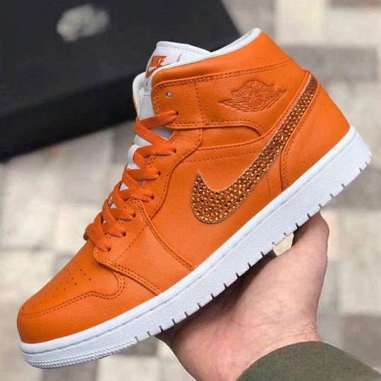 Custom Air Jordan 1 Orange White Rhinestone Swoosh