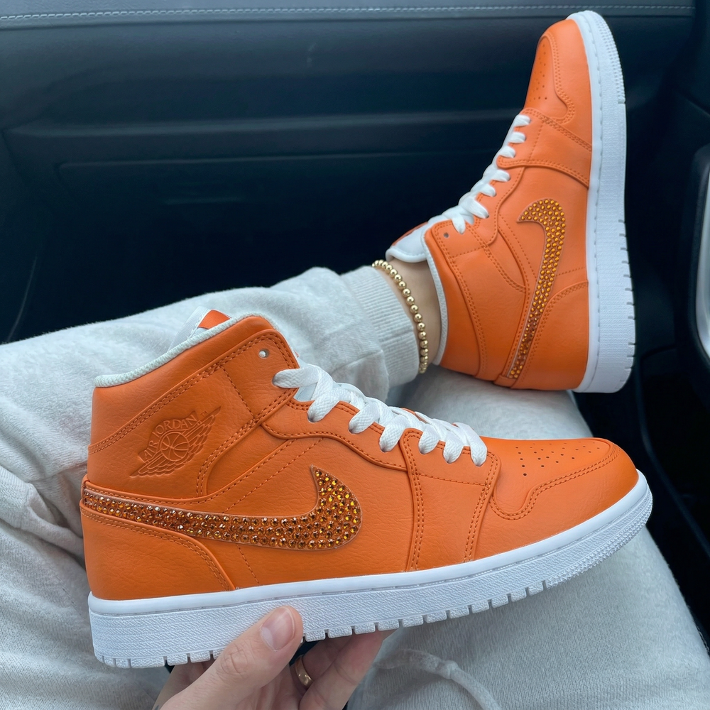 Custom Air Jordan 1 Orange White Rhinestone Swoosh