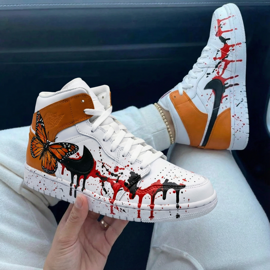 Custom Air Jordan 1 Orange White with Butterfly and Blood - like Pattern