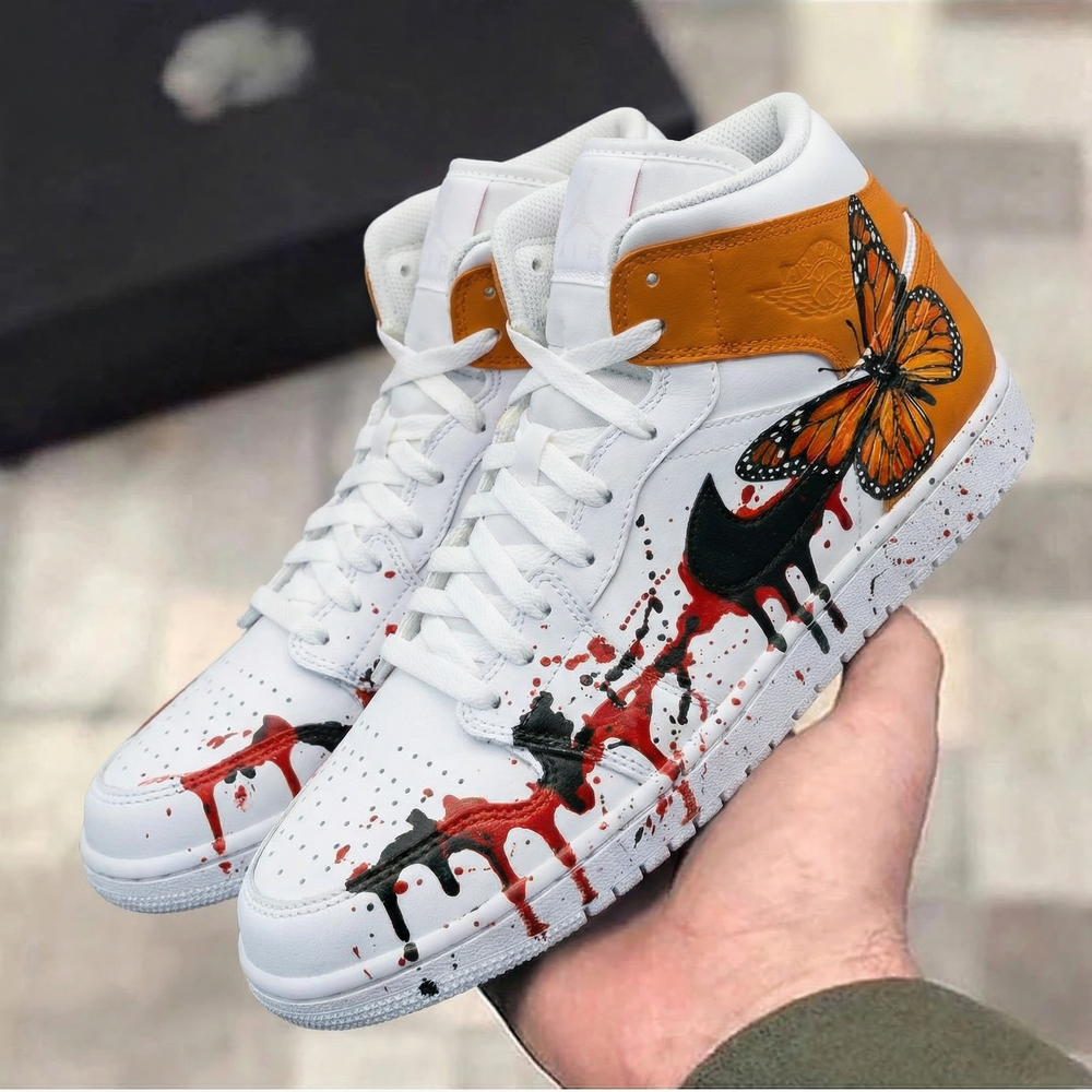 Custom Air Jordan 1 Orange White with Butterfly and Blood - like Pattern