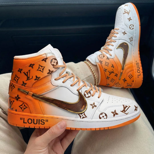 Custom Air Jordan 1 Orange White with LV Pattern