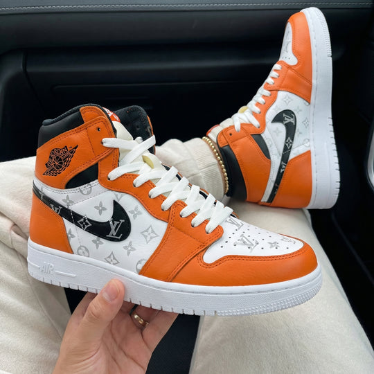 Custom Air Jordan 1 Orange White with LV Pattern