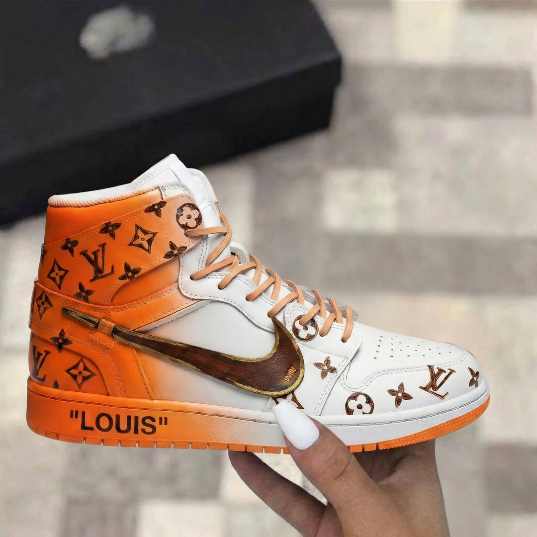 Custom Air Jordan 1 Orange White with LV Pattern