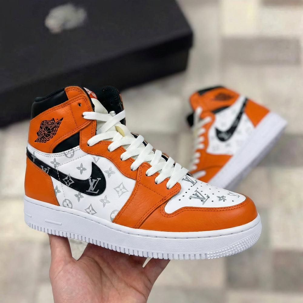 Custom Air Jordan 1 Orange White with LV Pattern