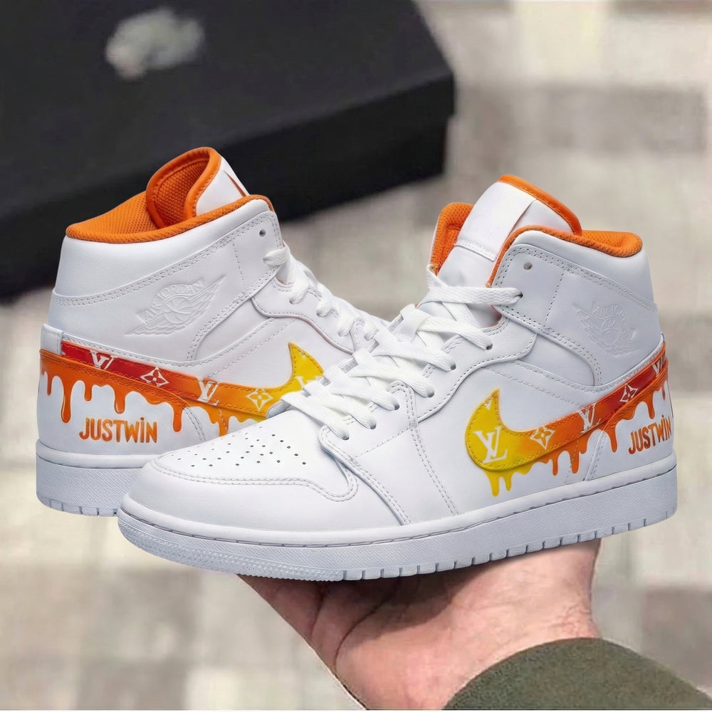 Custom Air Jordan 1 Orange Yellow with LV Drip Design