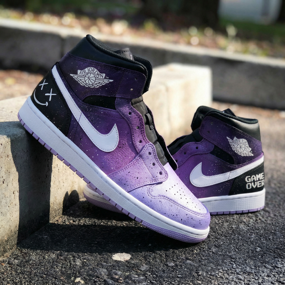 Custom Air Jordan 1 Purple Black Game Over Design