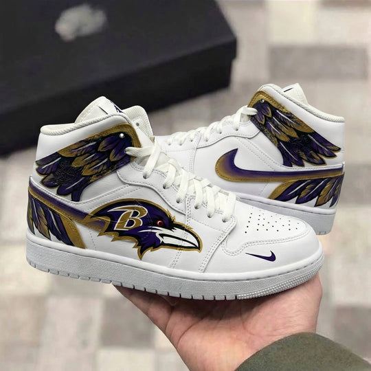 Custom Air Jordan 1 Purple Gold Baltimore Ravens Logo Wings