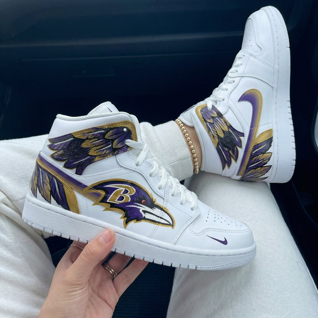 Custom Air Jordan 1 Purple Gold Baltimore Ravens Logo Wings