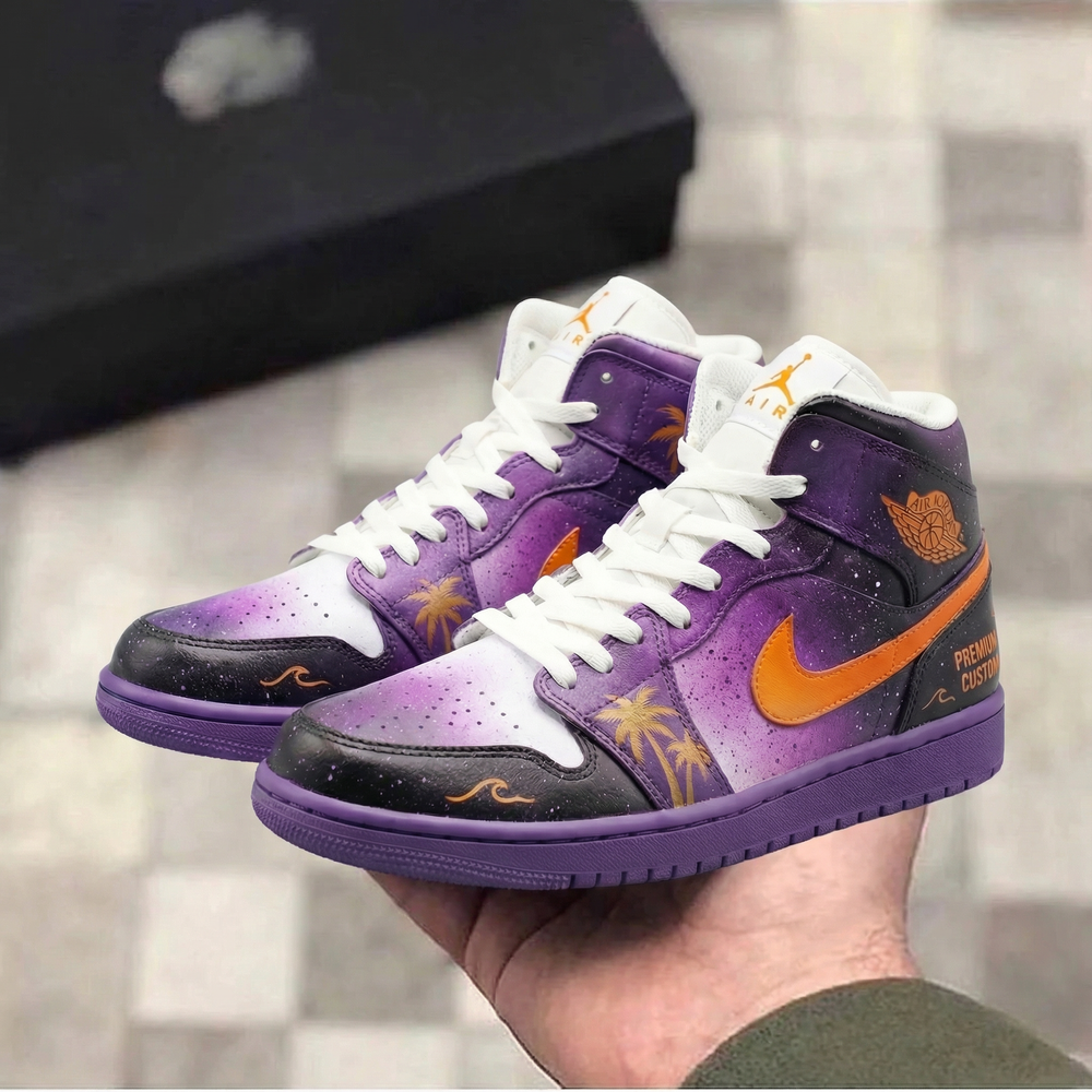 Custom Air Jordan 1 Purple Orange Palm Tree Design