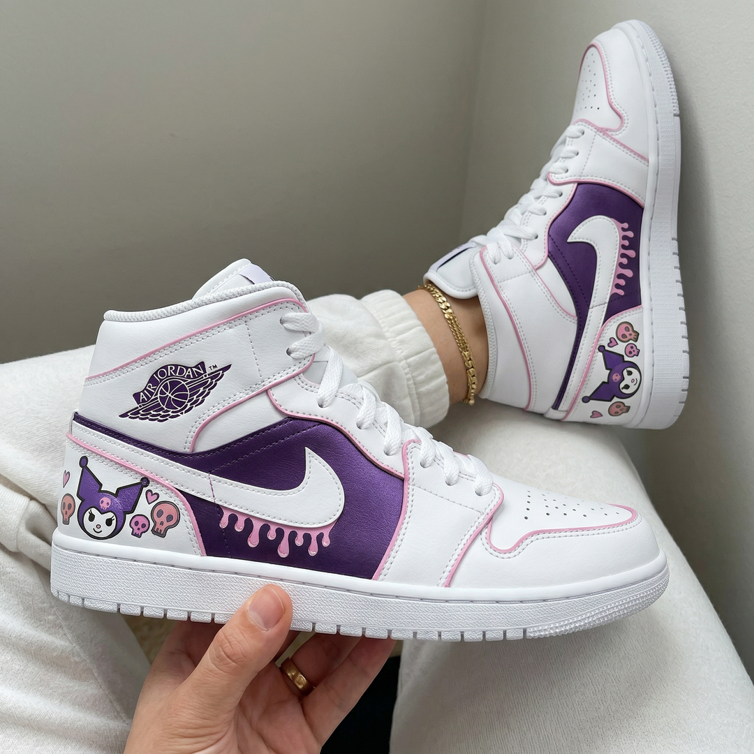 Custom Air Jordan 1 Purple Pink Kuromi Skulls Hearts Drip