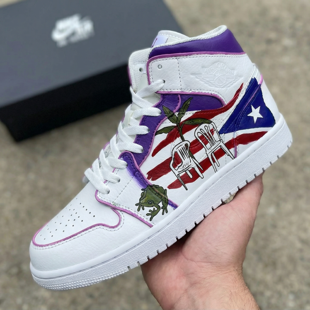 Custom Air Jordan 1 Purple Red Puerto Rico Flag and Frog Design