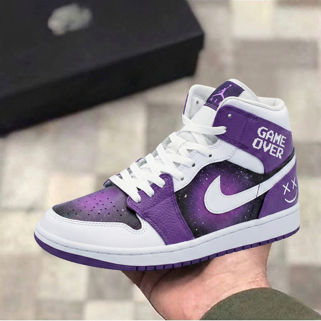 Custom Air Jordan 1 Purple White Game Over Design