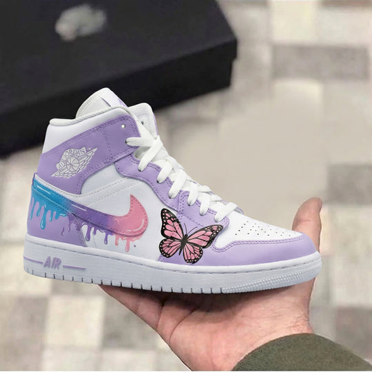 Custom Air Jordan 1 Purple White with Butterfly and Drip Design