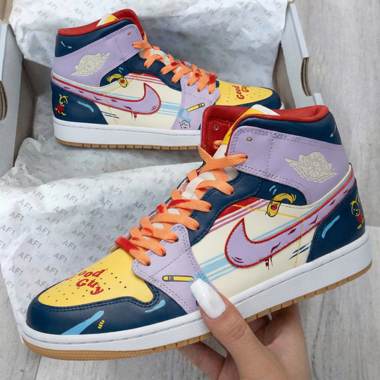 Custom Air Jordan 1 Purple Yellow Cartoon Pattern