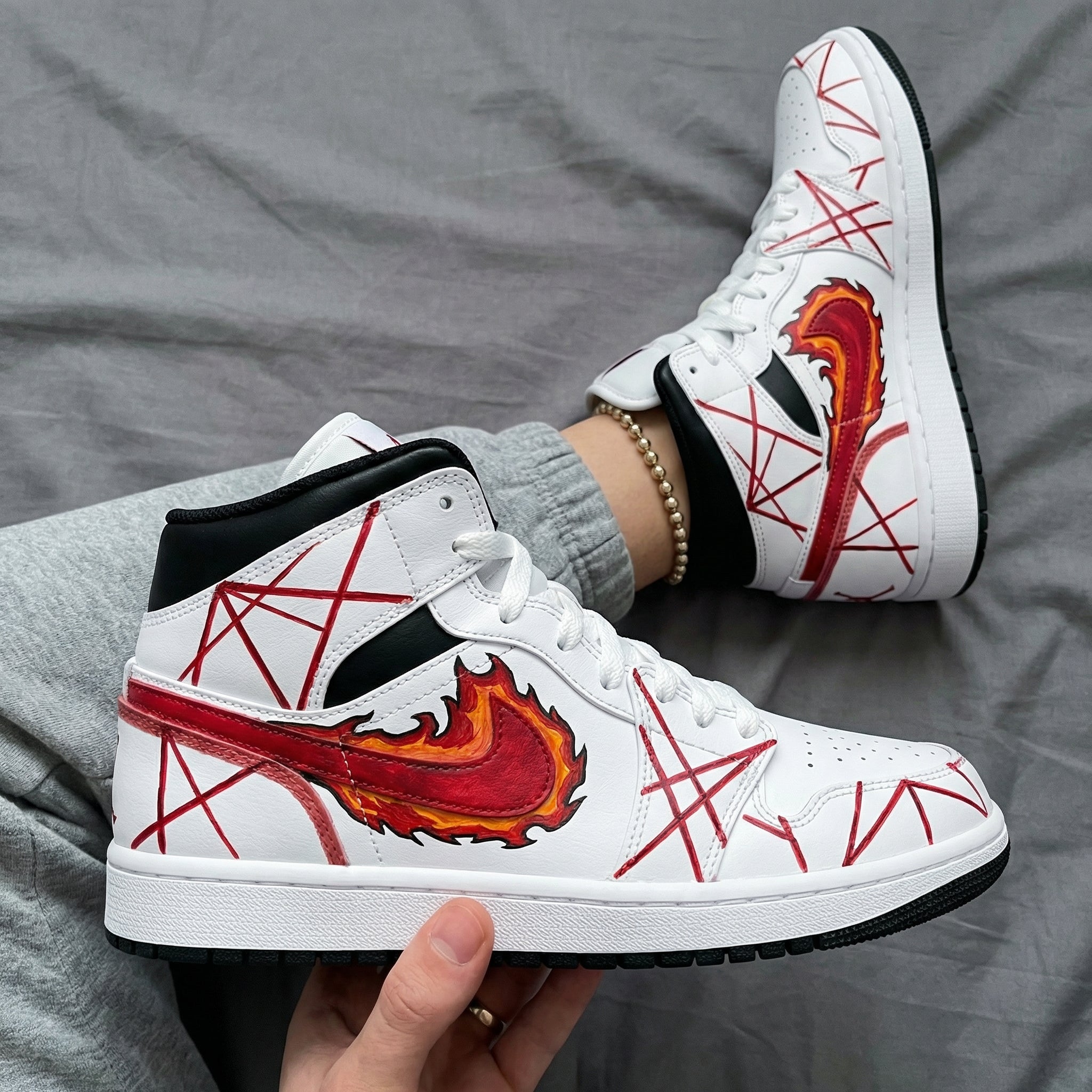 Custom Air Jordan 1 Red Black Flame Swoosh Pentagram – Lilaccustom