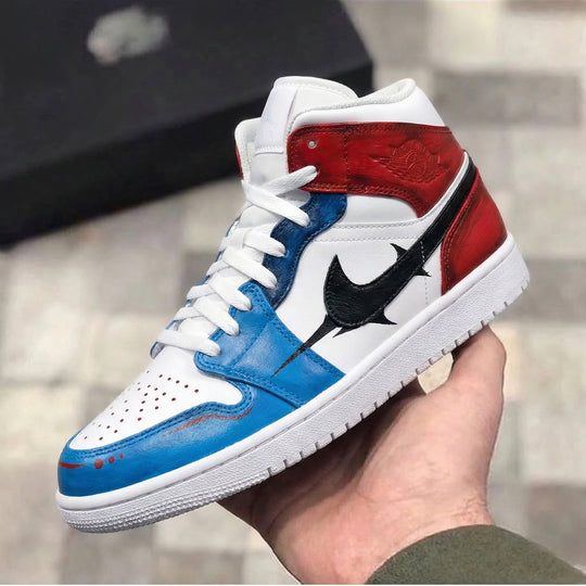 Custom Air Jordan 1 Red Blue Black Shark Tooth Swoosh