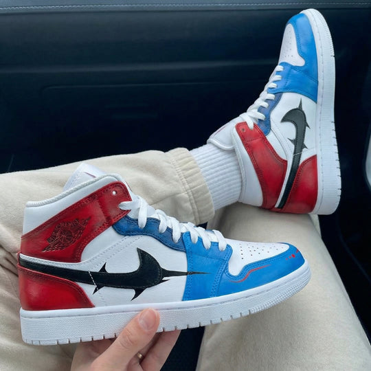 Custom Air Jordan 1 Red Blue Black Shark Tooth Swoosh
