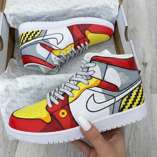 Custom Air Jordan 1 Red Yellow Gray Graphic Design