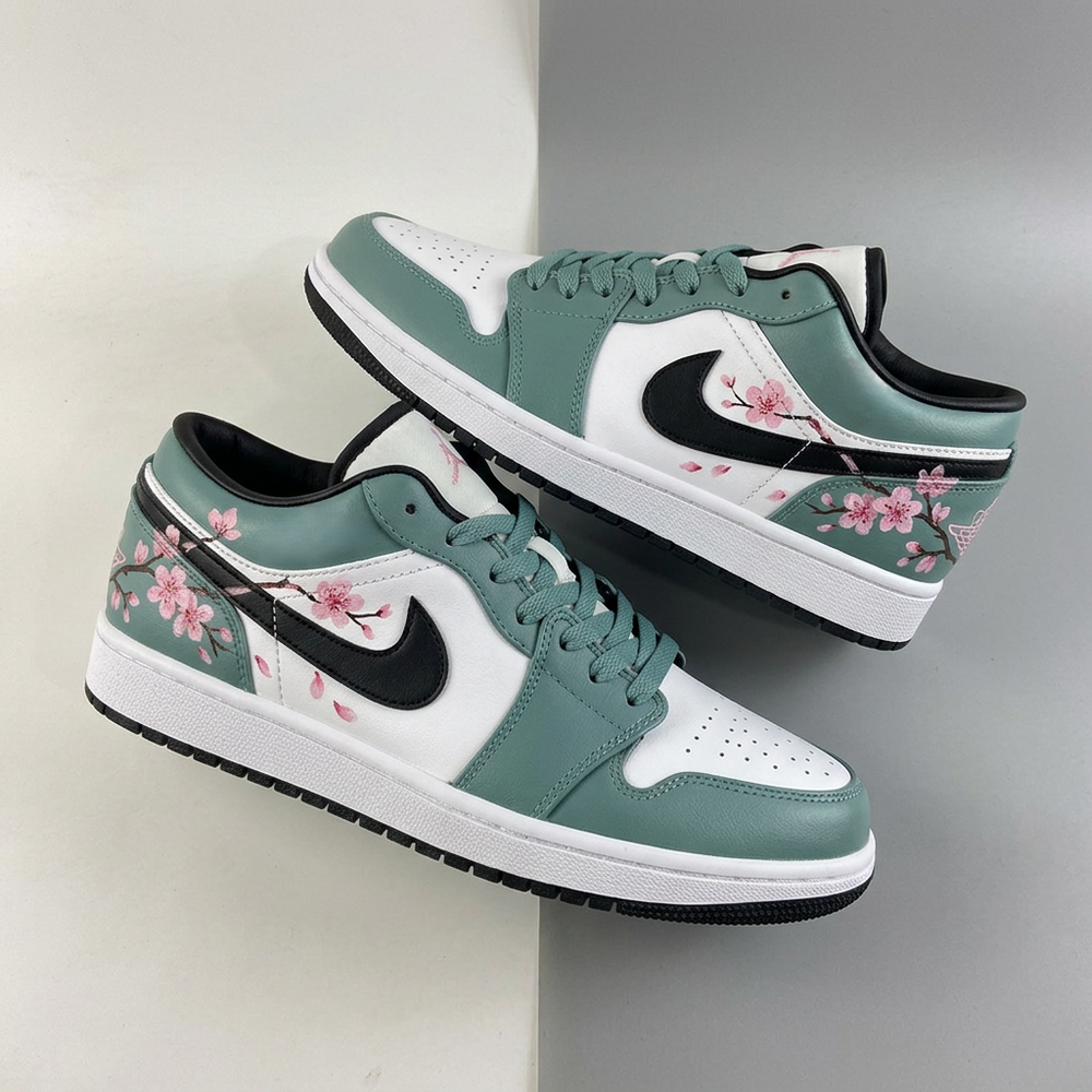 Custom Air Jordan 1 Sage Green Cherry Blossom