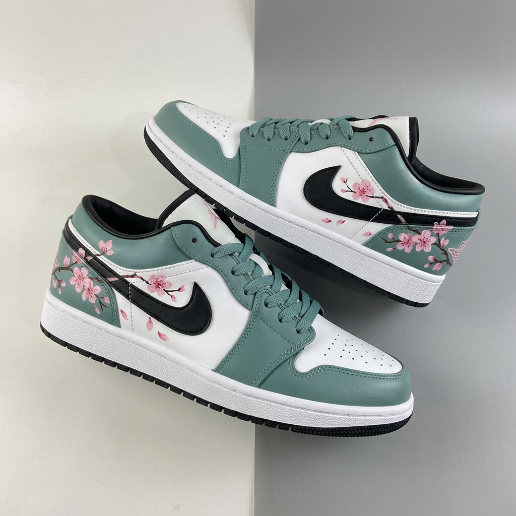 Custom Air Jordan 1 Sage Green Cherry Blossom