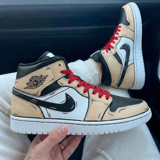 Custom Air Jordan 1 Tan Black Red Cartoon Design