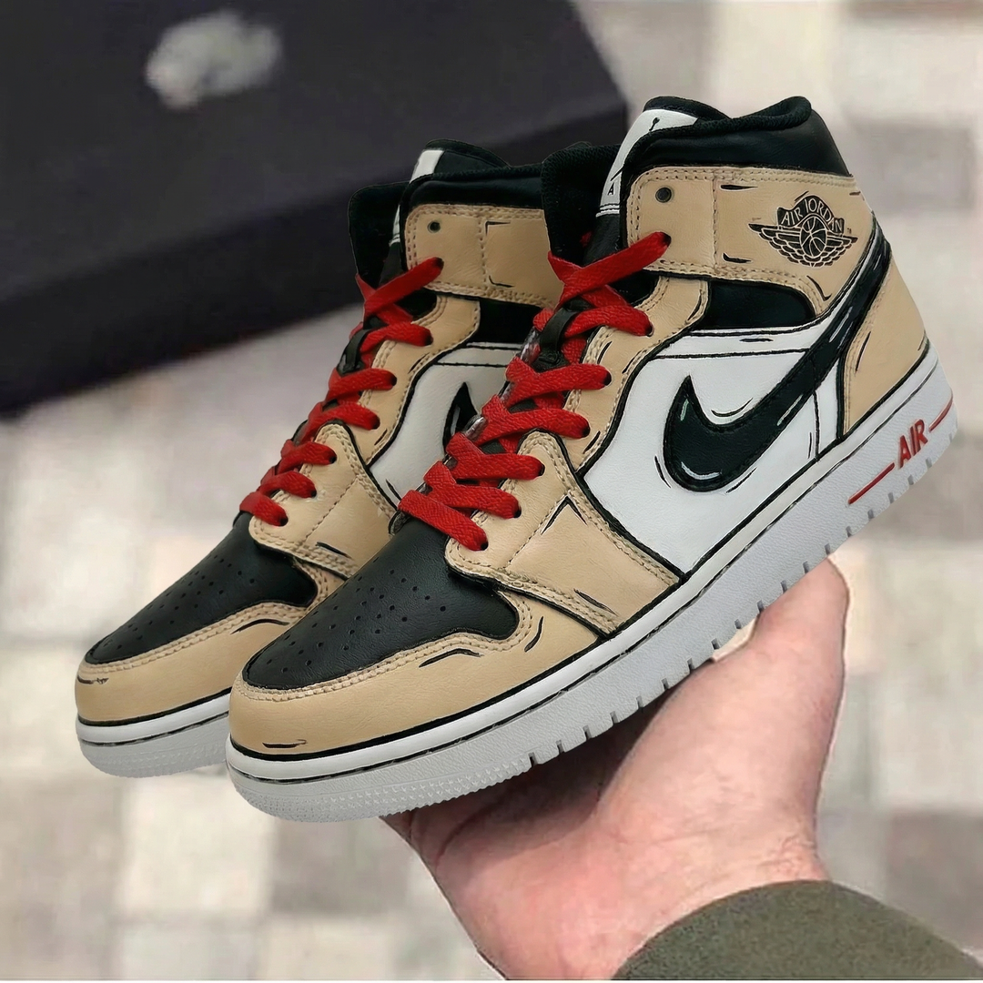 Custom Air Jordan 1 Tan Black Red Cartoon Design