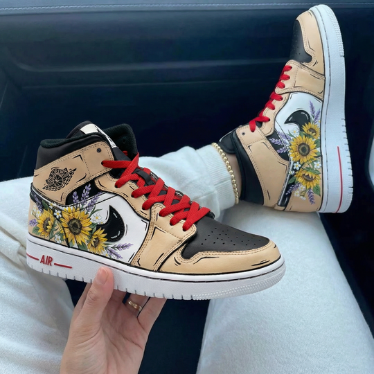 Custom Air Jordan 1 Tan Black Sunflower Design